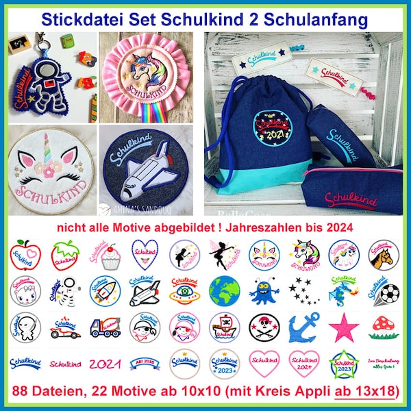 Stickdatei Set Schule. Schöne Kreis Schilder zum Schulstart oder Schulanfang am Ersten Schultag und am Schulbeginn