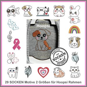 Peut inclure: Un ensemble de 29 motifs de broderie pour chaussettes, présentant divers animaux mignons, symboles et motifs. Les motifs sont disponibles en deux tailles et sont compatibles avec les cadres Hoopsi. Les motifs comprennent un chien, un chat, un poisson, un cœur, un arc-en-ciel, une fleur, une dent, une machine à coudre, un hamster, un lapin, un cochon d'Inde, un stéthoscope, un ruban et le mot "Wow".