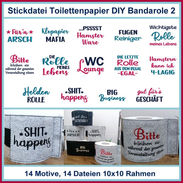 Toilettenpapier DIY Bandarole Stickdateien Set 2: Lustige Motive für dein Badezimmer!