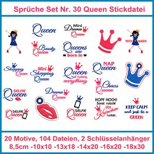 Könnte beinhalten: Ein Set mit 20 Stickmotiven mit verschiedenen Sprüchen und Bildern zum Thema Queen. Die Designs beinhalten Kronen, Lippen und Texte wie "Queen of everything", "Mini Drama Queen" und "Keep Calm and just be a Queen".