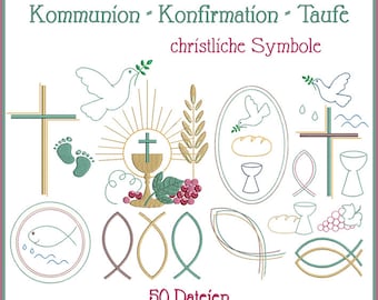 May include: A set of 50 embroidery designs featuring Christian symbols, including a cross, dove, fish, bread, chalice, grapes, and wheat. The designs are suitable for 10x10 and 13x18 embroidery hoops.