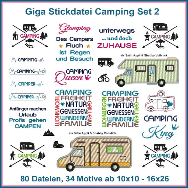 Camping Stickdateien Set 2, Camper 2, 80 einzigartige Motive, um Ihre Campingabenteuer zum Leben zu erwecken!