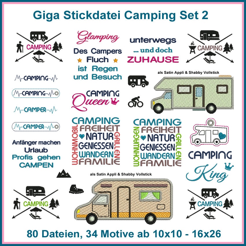 Camping Stickdateien Set 2, Camper 2, 80 Einzigartige Motive, Um