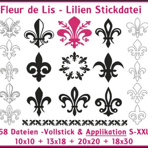 Stickdateien Lilien Blumen, Fleur de Lis Set, royal flower Set ab 10x10 Rahmen, 68 Dateien, Applikationen RockQueenEmbroidery