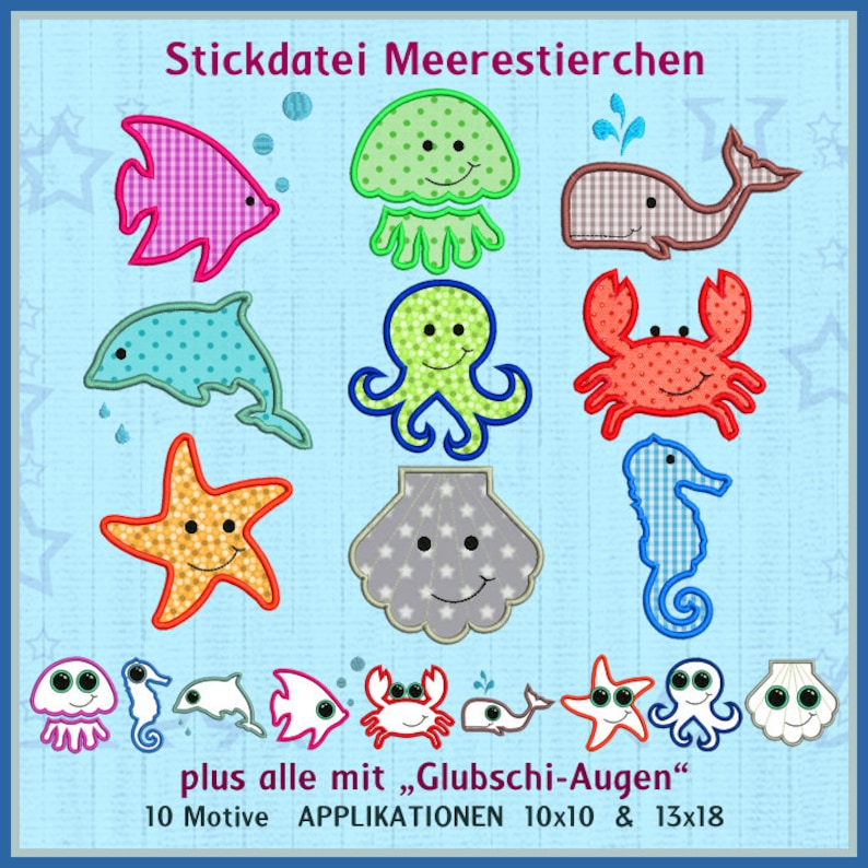 Stickdateien Meeres Tierchen Glubschis Tiere Meer, Meeresbewohner, Krabbe, Delphin, Wal, Qualle, Glubschies Applikation RockQueenEmbroidery Bild 1