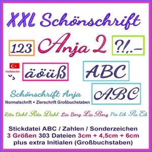 Stickdateien Set XXL Große Schreibschrift Letter Buchstaben &quot;Anja 2&quot; Großes Alphabet in 3 Größen mit Sonderzeichen, ab 13x18 Rahmen