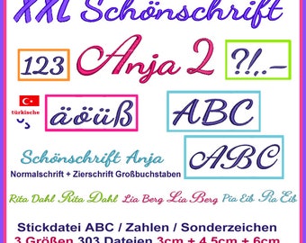 Große Schreibschrift Stickdatei XXL Letter Anja 2 Große Alphabet in 3 Größen für Stickrahmen 13x18 und größer