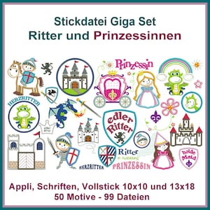 Stickdateien Ritter Prinzessinnen Set: 99 hochwertige Motive für Stickrahmen ab 10x10 Kreativität pur Bild 1