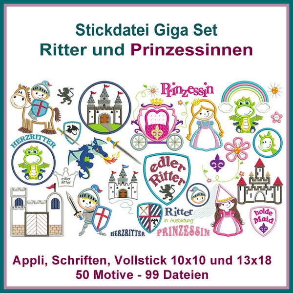 Stickdateien Ritter Prinzessinnen Set Applikationen 99 Dateien, 10x10 + 13x18, Schloss, Drachen, Regenbogen, Kutsche RockQueenEmbroidery