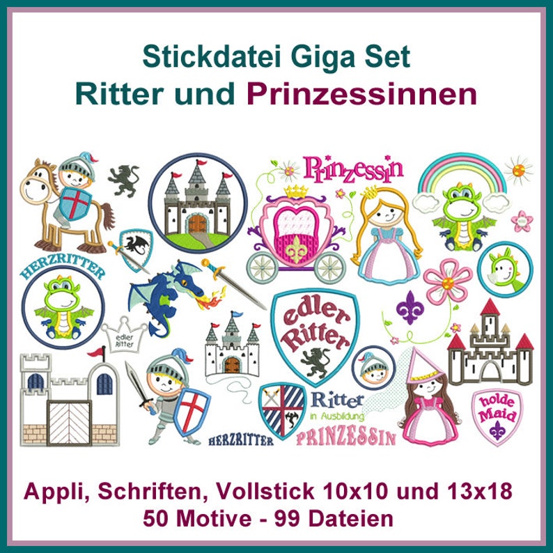 Stickdateien Ritter Prinzessinnen Set: 99 hochwertige Motive für Stickrahmen ab 10x10 Kreativität pur Bild 1