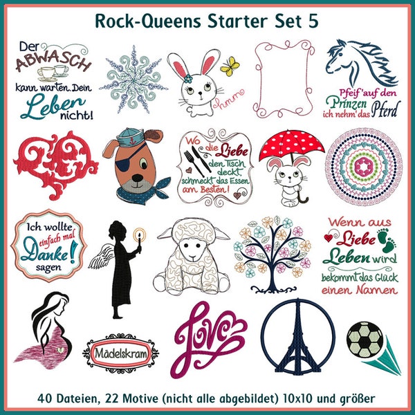 Stickdateien Rock-Queens Starter Set 5 Schaf, Fußball, Love, Pferd, Abwasch, Baum, Küche, Fußball, Mutterpass, Engel RockQueenEmbroidery