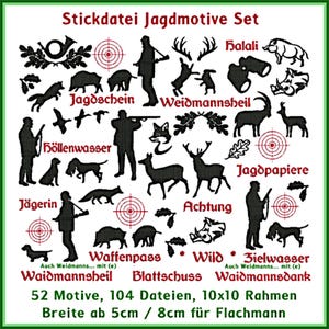 Stickdatei Set: Jagdmotive für Flachmann und Jagdpapiere Bestickung, Hirsche, Wildschwein, Jäger mit 104 Stickmustern