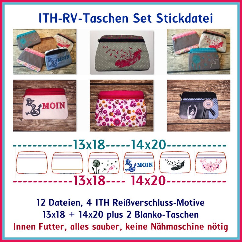 Stickdateien ITH Reißverschluss Taschen Set 2 inkl. Blanko Taschen komplett in the hoop, ab 13x18 Rahmen. Bild 1