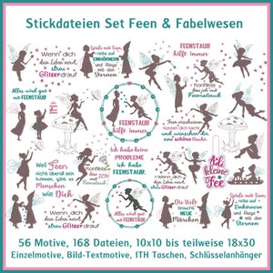 Könnte beinhalten: Eine Sammlung von 56 Stickdateien mit Feen und Fabelwesen. Die Designs beinhalten verschiedene Sprüche wie "Feenstaub hilft immer" und "Alles wird gut mit Feenstaub".