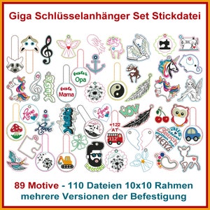 May include: A set of 89 embroidery designs for keychains. The designs include a variety of themes, such as animals, hearts, music notes, and flowers. The designs are available in 110 files and are 10x10 inches in size. The designs can be used to create personalised keychains for yourself or as gifts.
