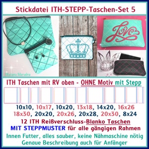 Stickdateien ITH Blanko STEPP Taschen Set 5, in the hoop gestickt, Krone, Love, 23 Dateien, ab 10x10 Rahmen, 12 Motive, RockQueenEmbroidery Bild 1