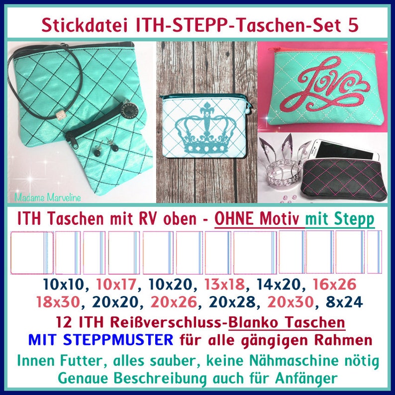 Stickdateien ITH Blanko STEPP Taschen Set 5, in the hoop gestickt, Krone, Love, 23 Dateien, ab 10x10 Rahmen, 12 Motive, RockQueenEmbroidery Bild 1