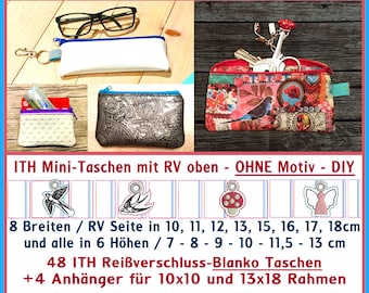 Stickdateien  ITH Blanko Mini Taschen Set Nr 7, 52 Dateien, 48 Größen, 4 ITH Schlüsselanhänger, ab 10x10Rahmen, RockQueenEmbroidery