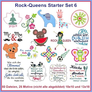 Stickdateien Rock-Queens Starter Set 6 Elefant, Hund, Maus, Schmetterling, Küche, Yoga, Giraffe, Blume Embroidery Files RockQueenEmbroidery Bild 1