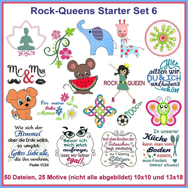 Stickdateien Rock-Queens Starter Set 6 Elefant, Hund, Maus, Schmetterling, Küche, Yoga, Giraffe, Blume Embroidery Files RockQueenEmbroidery