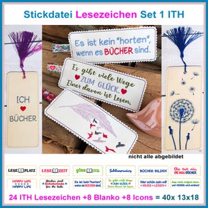 Stickdateien ITH Lesezeichen, Buch Trenner für Leseratten Bookmark Leseritze, Set mit vielen vielfältigen Motiven für 13x18 Rahmen!