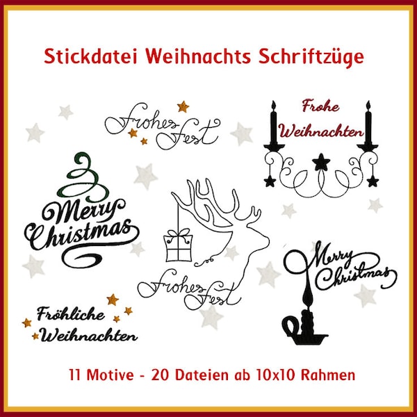 Stickdateien Weihnachts-Schriftzüge W11 Stickmuster ABC Hirsch, 20 Dateien Frohes Fest embroidery files german phrases RockQueenEmbroidery