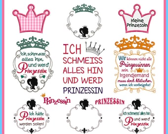 Stickdateien Sprüche Set Prinzessin, ab 10x10 Rahmen, 15 Motive, 40 Dateien,  Rahmen, Kronen, Sprüche, Applikationen, RockQueenEmbroidery