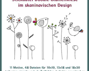 Stickdateien Doodle Vogel Blumen Wiese 42 Dateien Schwedendesign Zeichnung embroidery files
