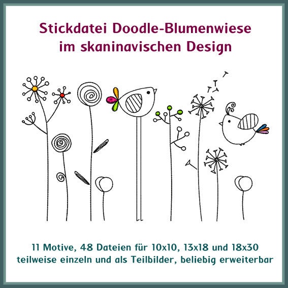 Stickdateien Doodle Vogel Blumen Wiese 42 Dateien Schwedendesign