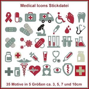 Medizinische Icons Stickdatei: 138 Dateien, 35 Motive. Arztprojekte zum Leben erwecken. Größe 10x10. Entdecke die Vielfalt Bild 1
