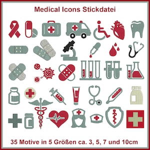 Stickdateien Set Medizinische Symbole medical icons: 138 Dateien, 35 Motive. Arztprojekte zum Leben erwecken. ab 10x10 Rahmen