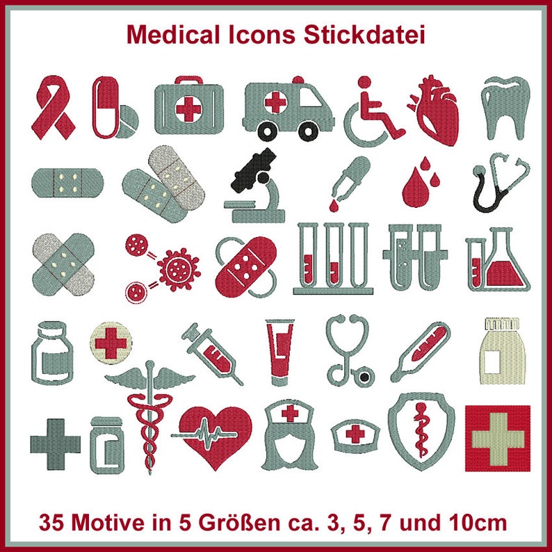 Medizinische Icons Stickdatei: 138 Dateien, 35 Motive. Arztprojekte zum Leben erwecken. Größe 10x10. Entdecke die Vielfalt Bild 1