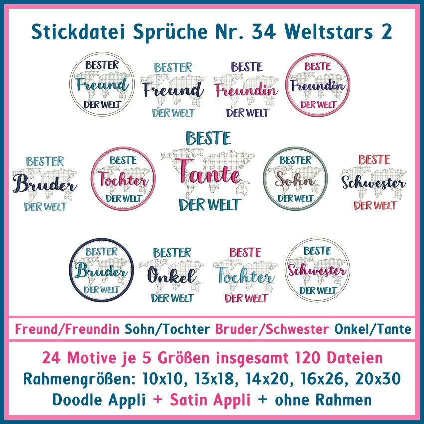 Weltstars 2 Freund Freundin Sohn Tochter Bruder Schwester Onkel Tante Beste Der Welt Stickdatei 120 Dateien Applikation Rockqueenembroidery