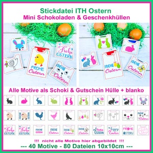 May include: A set of 40 embroidery designs for Easter, featuring various Easter-themed motifs, including bunnies, chicks, eggs, and flowers. The designs are perfect for creating personalised gift bags, treat bags, or decorations. The designs are 10x10 cm in size.