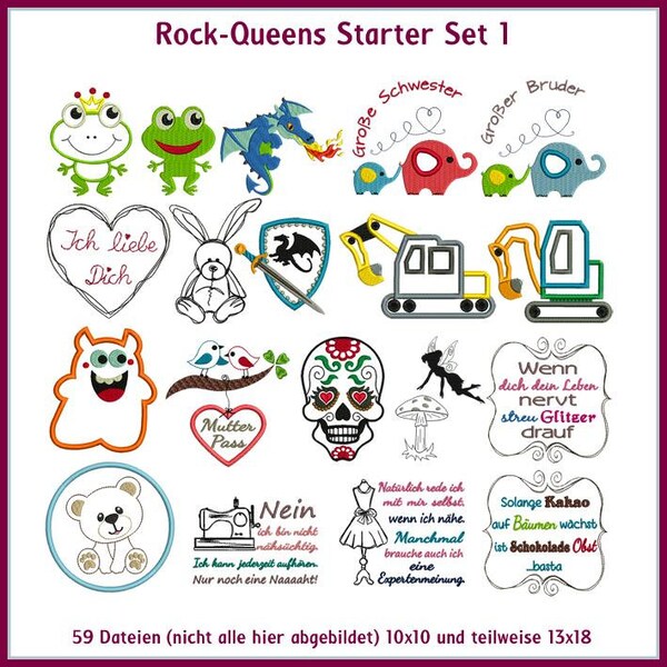 Stickdateien Rock-Queens Starter Set 1 Totenkopf, Bagger, Elefant, Frosch, Drachen, Bär, Monster, Fee embroidery files RockQueenEmbroidery