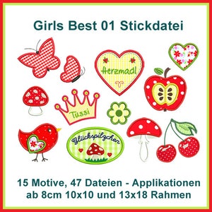 Stickdateien Set Girls Best 1 mit Schmetterling, Fliegenpilz, Krone, Vogel, Kirschen und Apfel als Applikation Bild 1