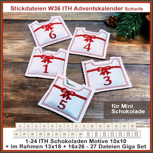 Könnte beinhalten: Fünf weiße Filz-Adventskalender-Taschen mit rotem Band und den Zahlen 1, 3, 4, 5 und 6. Der Text "für Mini Schokolade" befindet sich unter den Taschen. Der Text "1-24 ITH Schokoladen Motive 10x10 + im Rahmen 13x18 + 16x26 - 27 Dateien Giga Set" befindet sich unter den Taschen.