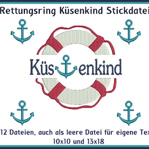 Embroidery files lifebuoy coastal child, 12 files, from 10x10 frame, also as blank, texts, maritime, RockQueenEmbroidery