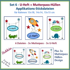 Stickdateien Set-Nr. 6 U-Heft Mu-Pass, Mutterpass U-Heft, Applikationen Untersuchungsheft, Rakete, Krokodil, Elefant RockQueenEmbroidery Bild 1