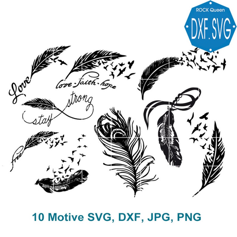 Plotterdateien Feder Set feather SVG DXF spring Tattoo Plottervorlage cutfiles Schneideplott Federn Pfauenfeder love faith hope Bild 1