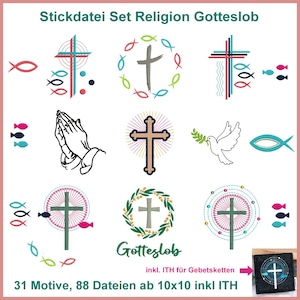 Könnte beinhalten: Eine Sammlung gestickter religiöser Designs, darunter Kreuze, Fischsymbole, betende Hände und eine Taube mit einem Olivenzweig. Die Designs sind in verschiedenen Farben und Stilen gehalten, mit dem Text "Stickdatei Set Religion Gotteslob" oben.