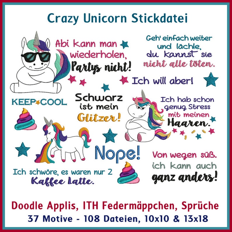 Stickdateien Crazy Unicorn Einhorn Set, verrücktes Einhorn, freche Sprüche, ab 10x10 Rahmen, 108 Dateien, 37 Motive, RockQueenEmbroidery Bild 2