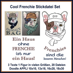 Stickdateien Cool Frenchie Set, Doodle Stichzeichnung, Appli, Texte, ab 10x10Rahmen, 20 Dateien, 5 Motive, RockQueenEmbroidery Bild 1