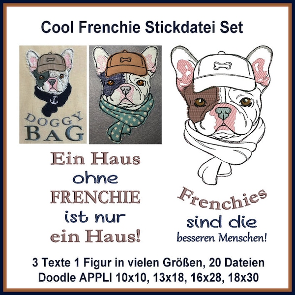 Stickdateien Cool Frenchie Set, Doodle (Stichzeichnung), Appli, Texte, ab 10x10Rahmen, 20 Dateien, 5 Motive, RockQueenEmbroidery