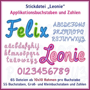 Puede incluir: Archivos de diseño de bordado para los nombres "Felix" y "Leonie" en una fuente colorida y divertida. El diseño incluye letras mayúsculas y minúsculas, números y caracteres acentuados. Hay 65 archivos en total, cada uno con un marco de 10x10.