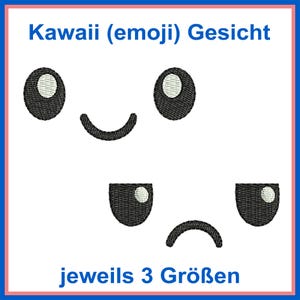 Könnte beinhalten: Kawaii (emoji) Gesicht, ein digitales Stickmuster mit einer Reihe von niedlichen Emoji-Gesichtern mit verschiedenen Ausdrücken. Das Design umfasst fröhliche, traurige und neutrale Gesichter, jedes mit einem Paar Augen und einem Mund. Der Text "jeweils 3 Größen" ist ebenfalls im Bild enthalten.