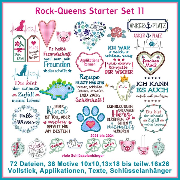 Stickdateien Rock-Queens Starter Set 11 Set, Zahnfee, Blätter, Glücksschwein, Pfote, Dino, Herz, Herzline, Glücksbringer RockQueenEmbroidery