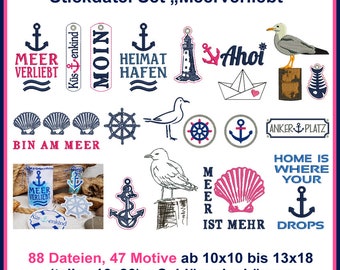 Stickdatei Set Meerverliebt für Heimat Hafen, Anker, Meer, Steuerrad, Anhänger das Set geht ab 10x10 inkl. Applikationen. Einfach super.