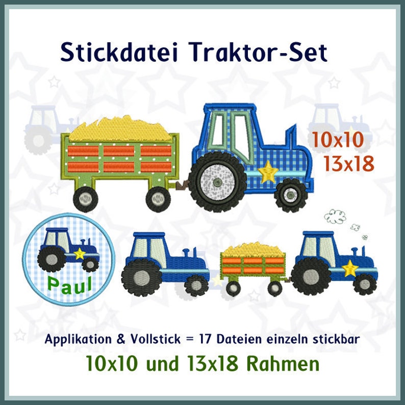 Stickdateien Traktor Rahmen Stickmuster 17 Dateien und Applikationen Traktoren Bauernhof 10x10, 13x18 mit und ohne Stern RockQueenEmbroidery Bild 1