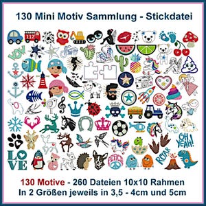 Stickdateien 130 Mini Motive Puschen. Kleine Stickmuster mit Baby Tiere Blumen Auto